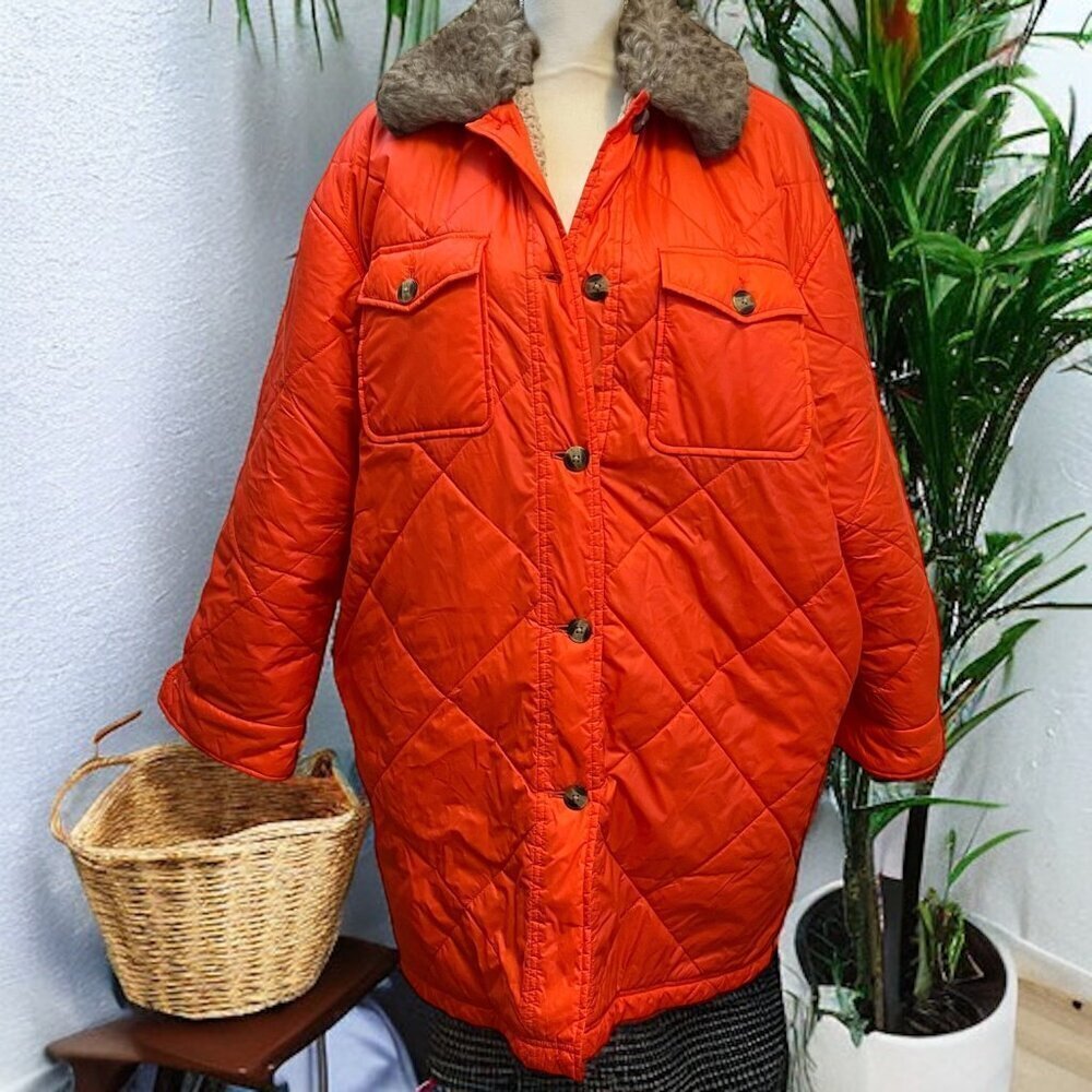 Aerie Flare Orange Oversized Quilted Sherpa‎ Lined Shirt Jacket Shacket Size M